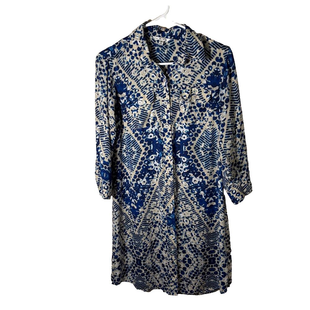 Cabi Shirt Dress Women's Small Beige Blue Button Up Collared Printed Career